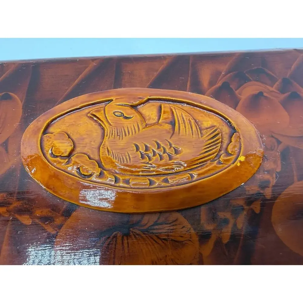 Chinese Carved Wood Jewelry Box Duck Lotus Red Silk Lined Brass Latch